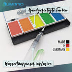 Glow Watercolour Set Rainbow: paint box with water brush, graphic with two callouts
