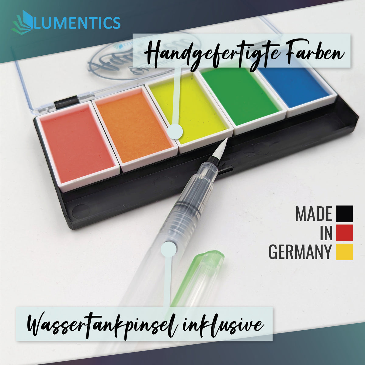 Glow Watercolour Set Rainbow: paint box with water brush, graphic with two callouts