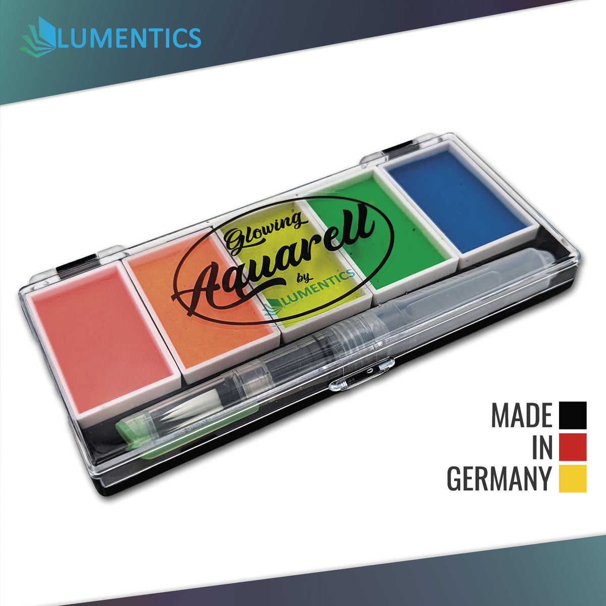 Glow Watercolour Set Rainbow: paint box with five colours and water brush in daylight