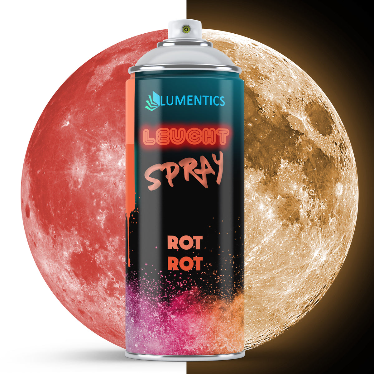 Glow Spray Light Red 400 ml: can in front of the moon, red in daylight on the left, yellowish glow in the dark on the right