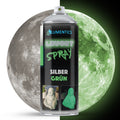 Glow spray Silver-Green 400 ml in front of a split moon: daylight on the left, glowing green in the dark on the right