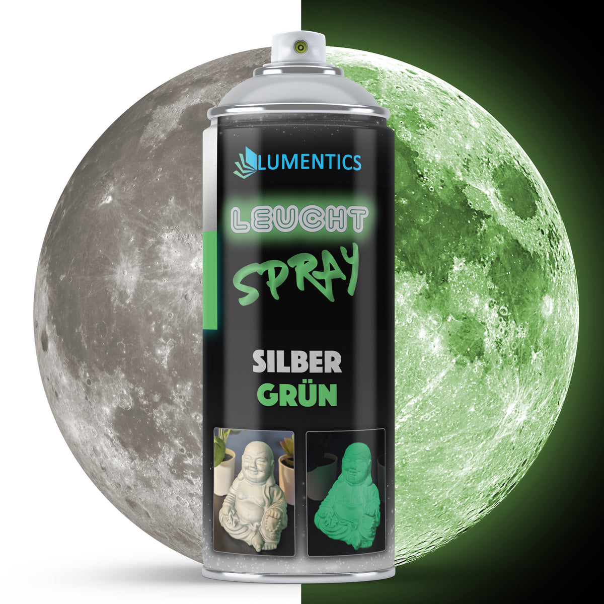 Glow spray Silver-Green 400 ml in front of a split moon: daylight on the left, glowing green in the dark on the right