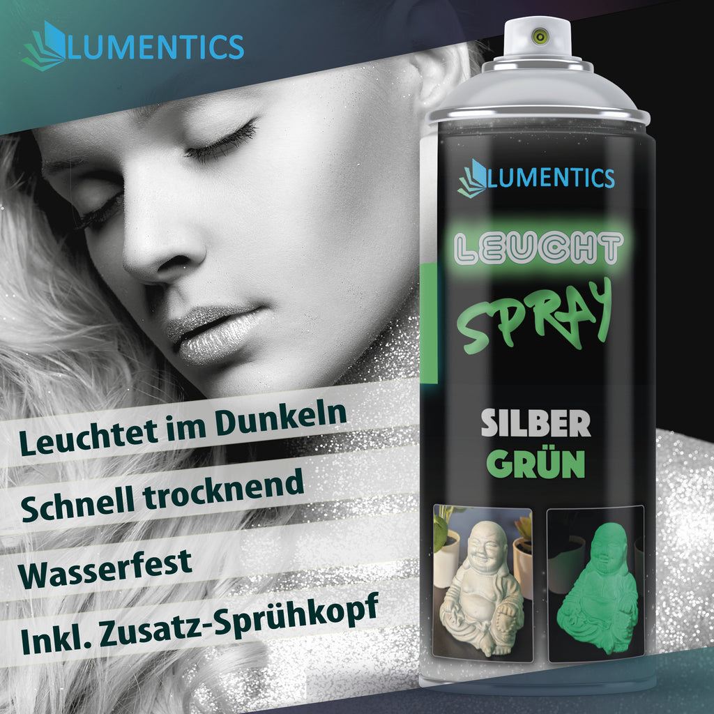 Glow spray Silver-Green 400 ml in front of a portrait of a woman with silver glitter, with bullet points on properties