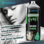 Glow spray Silver-Green 400 ml in front of a portrait of a woman with silver glitter, with bullet points on properties