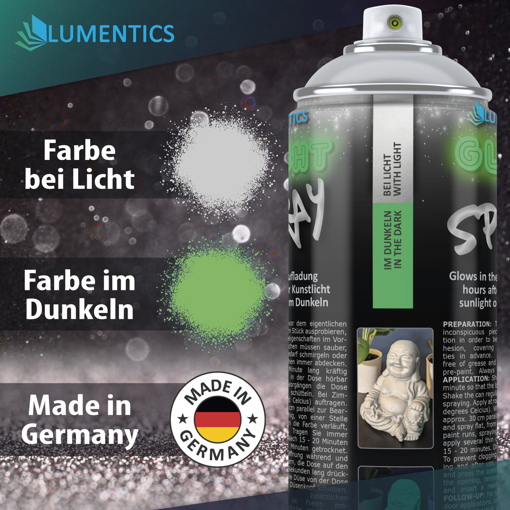 Glow spray Silver-Green 400 ml with colour samples: silvery in light, green in the dark, Made in Germany badge
