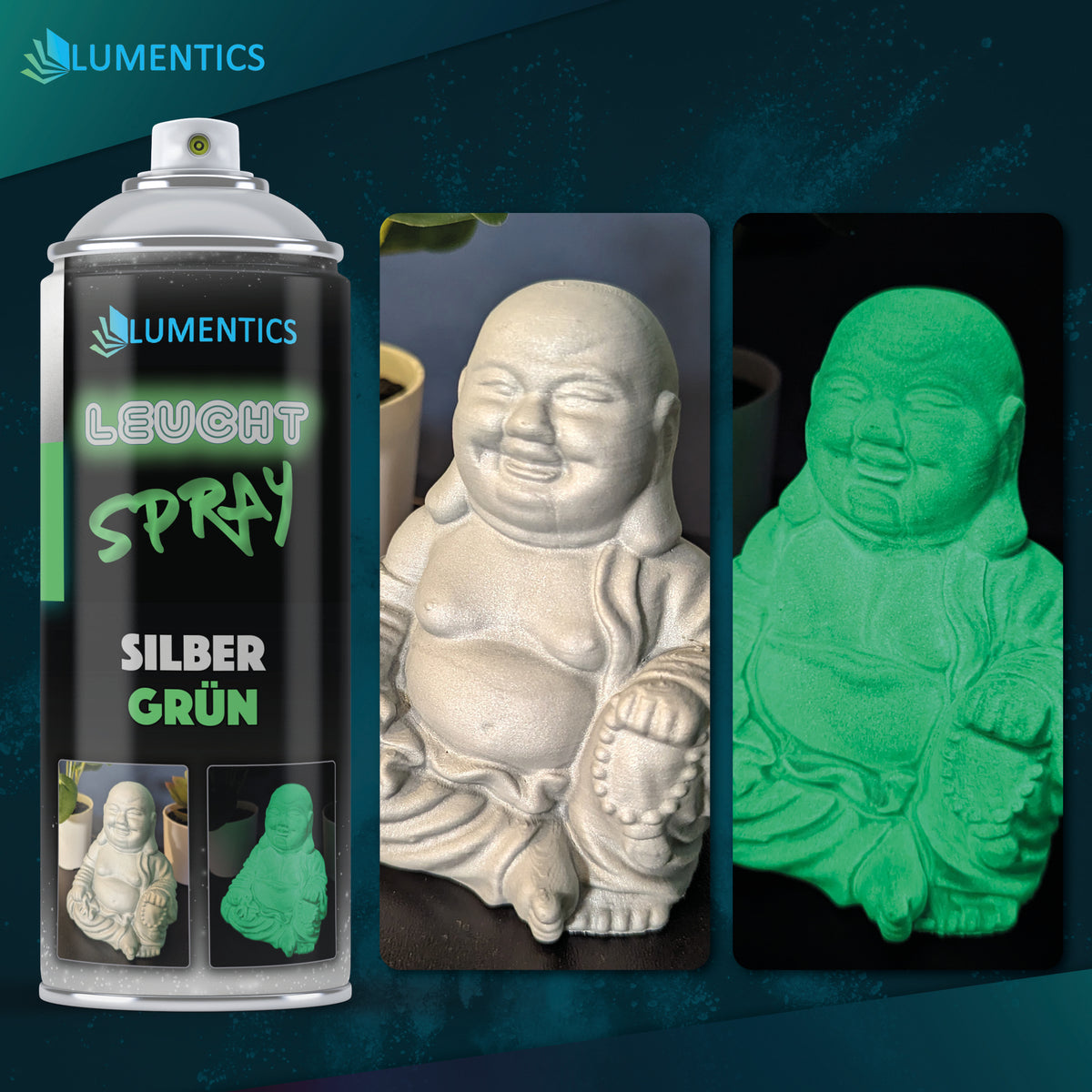 Glow spray Silver-Green 400 ml next to a Buddha figure, silvery white in daylight, glowing green in the dark