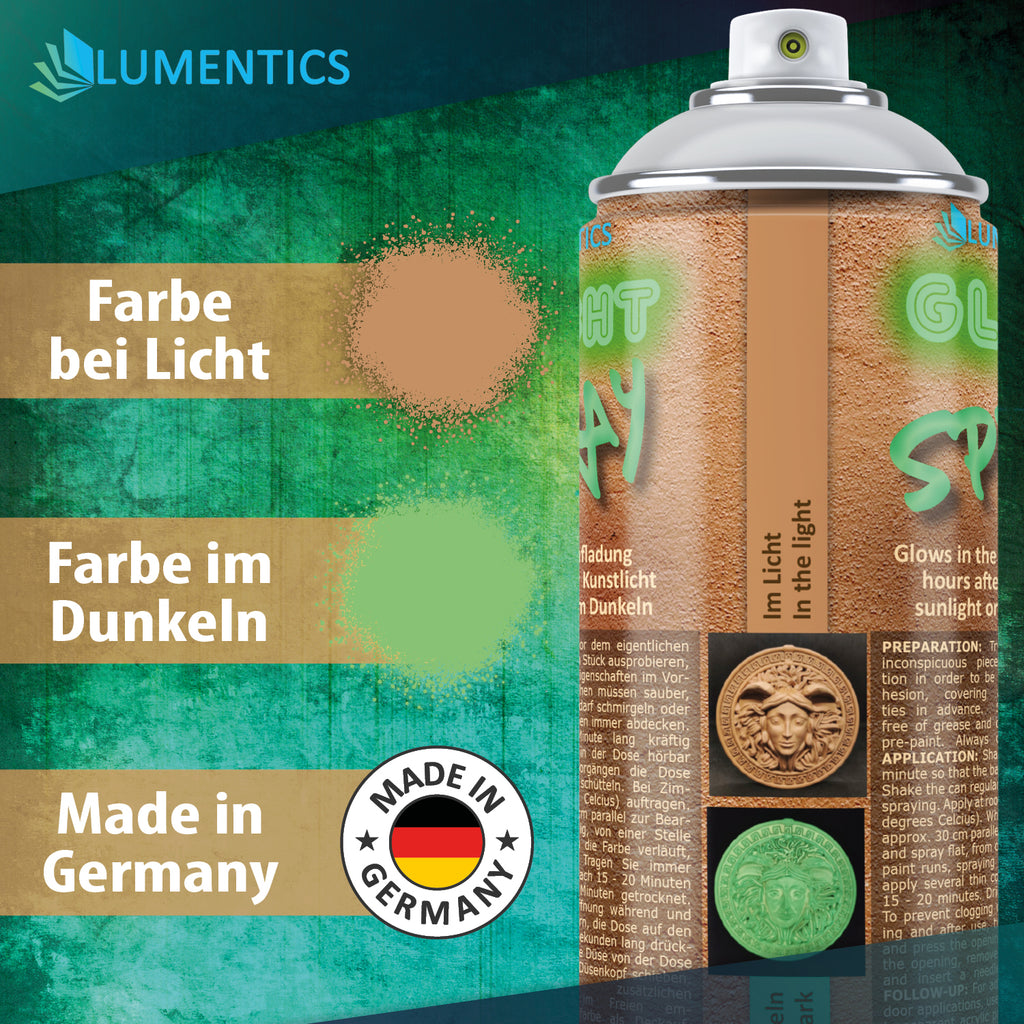 Glow spray Terracotta-Green 400 ml, colour samples in light (terracotta) and in the dark (green), Made in Germany badge