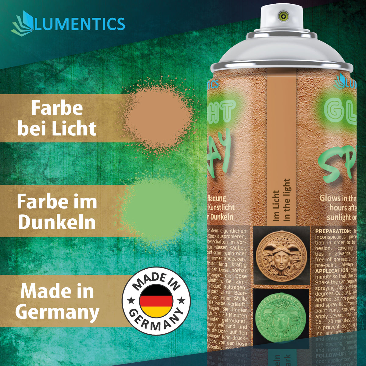 Glow spray Terracotta-Green 400 ml, colour samples in light (terracotta) and in the dark (green), Made in Germany badge
