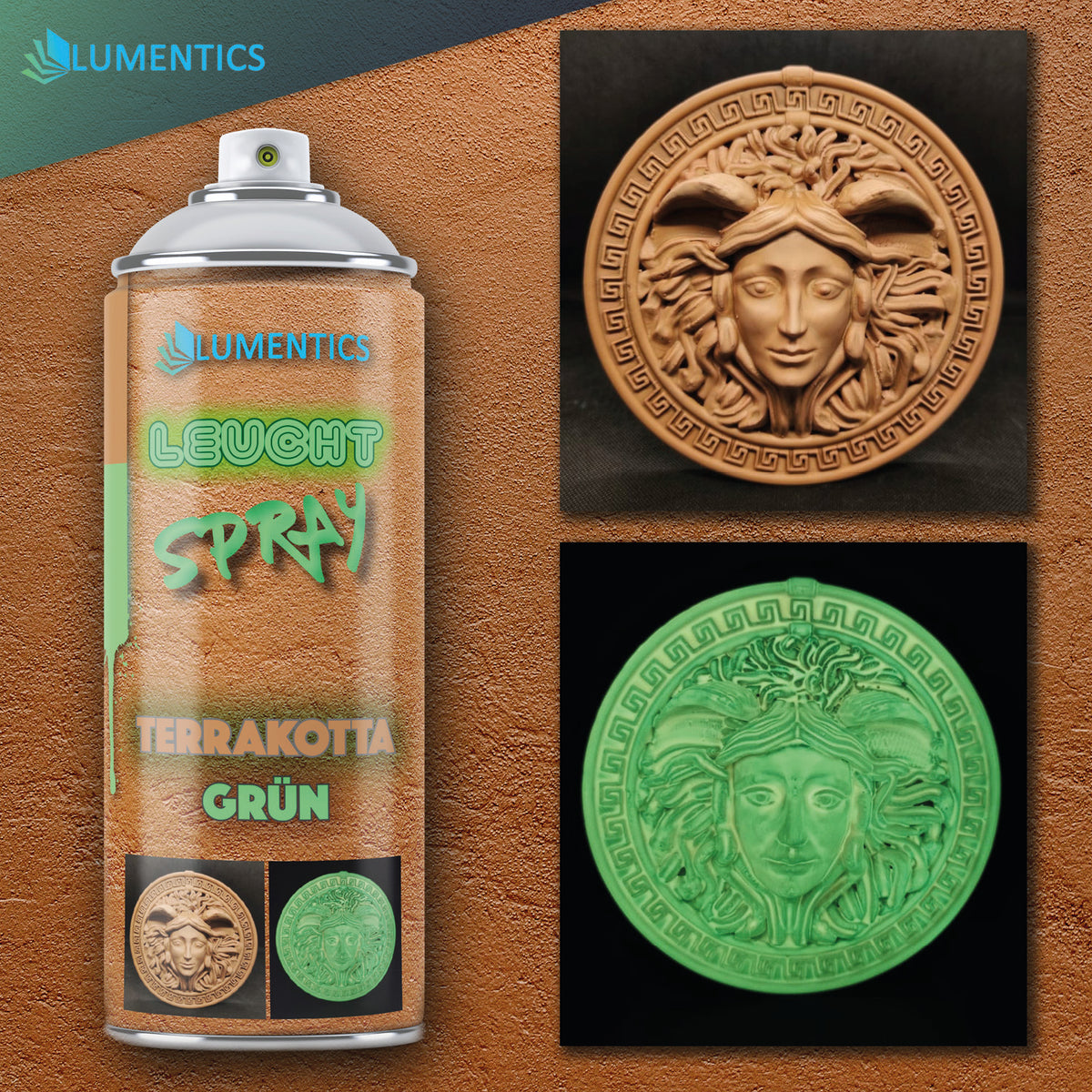 Glow spray Terracotta-Green 400 ml with a relief medallion: terracotta in daylight, green in the dark