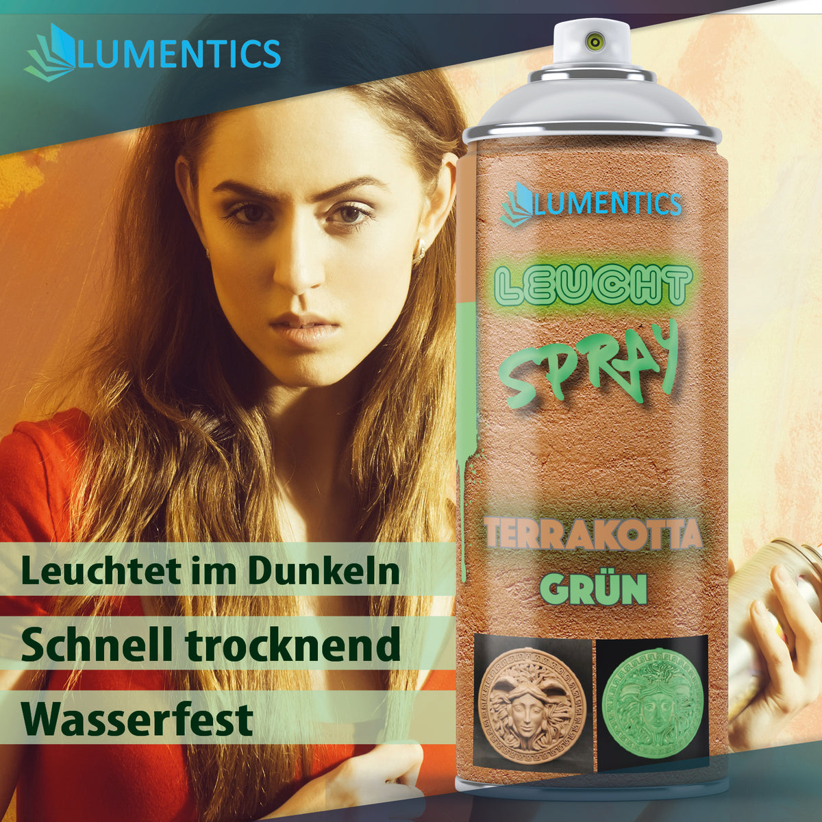 Glow spray Terracotta-Green 400 ml in front of a woman holding a spray can, with bullet points on drying and water resistance