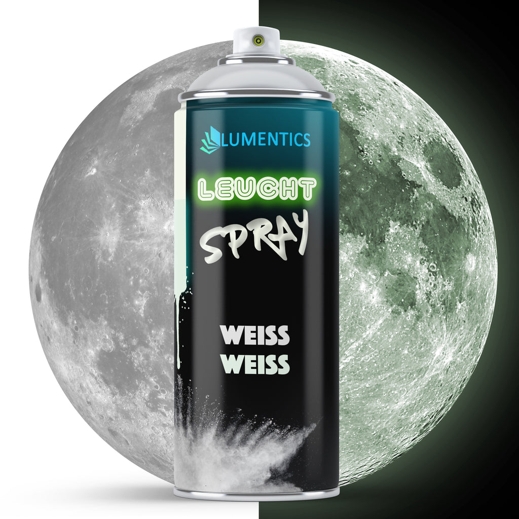 Glow Spray White 400 ml: can in front of a moon, grey-white in light on the left, glowing faint green in the dark on the right