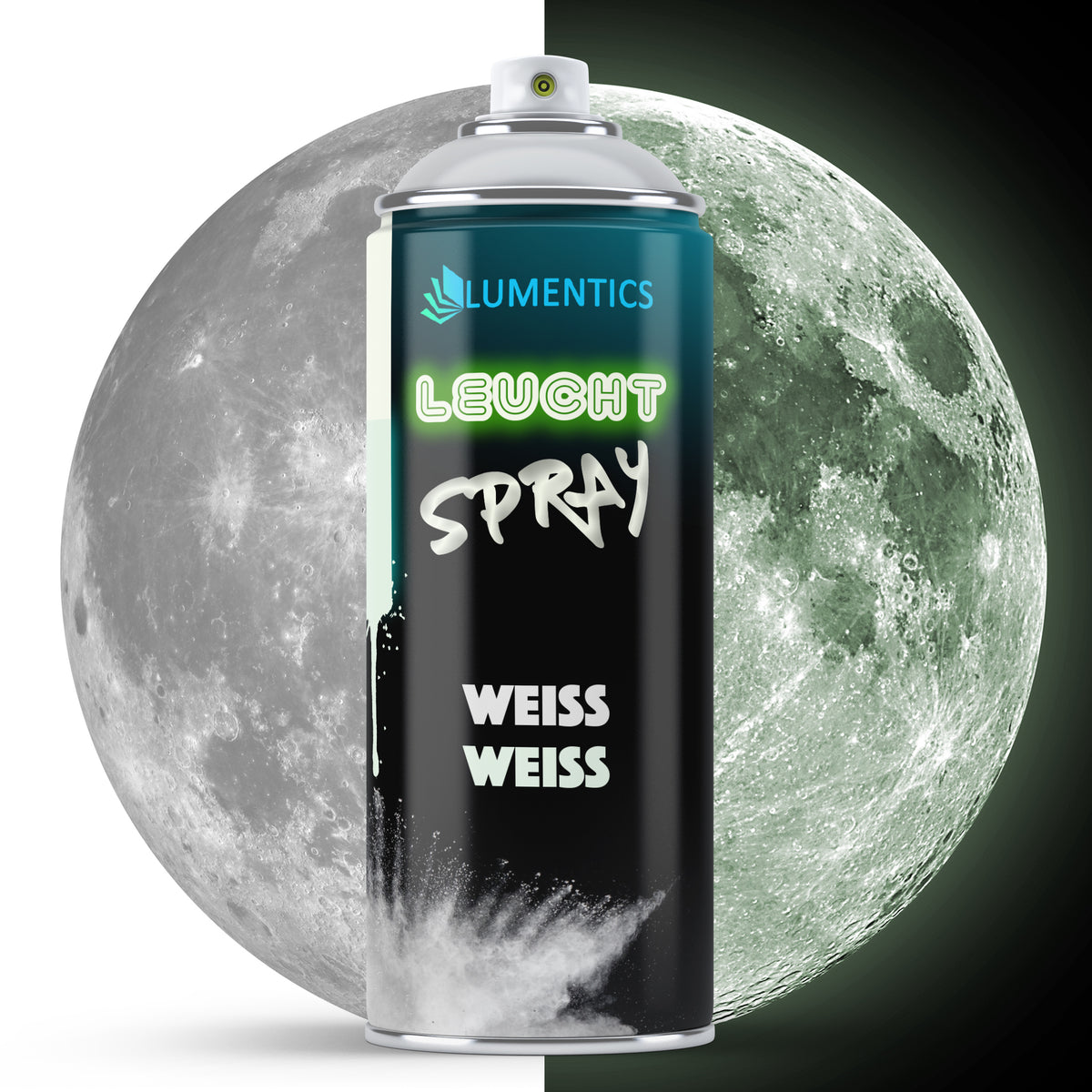 Glow Spray White 400 ml: can in front of a moon, grey-white in light on the left, glowing faint green in the dark on the right