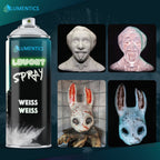 Glow Spray White 400 ml: can next to sprayed objects, a bust and a rabbit mask in light and in the dark