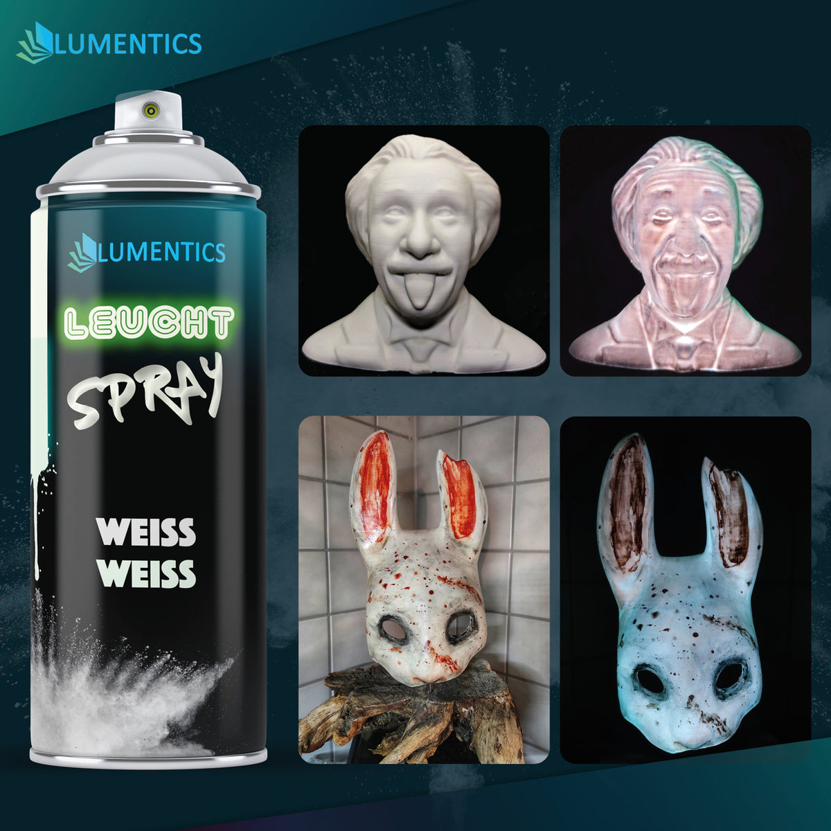 Glow Spray White 400 ml: can next to sprayed objects, a bust and a rabbit mask in light and in the dark