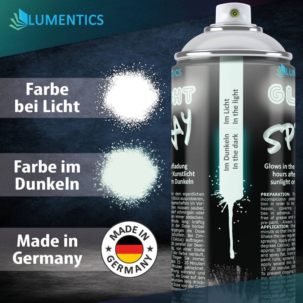 Glow Spray White 400 ml: spray colour white in light, pale green in the dark, can with label