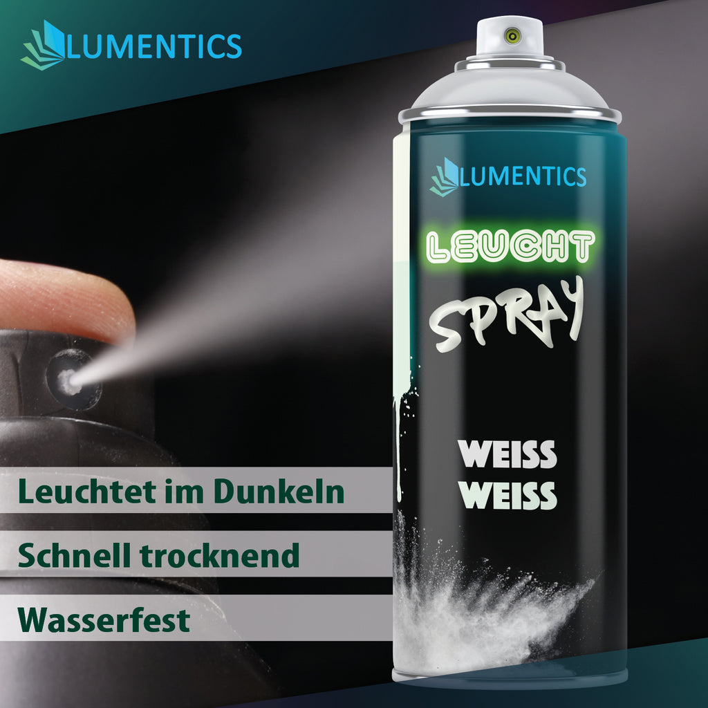 Glow Spray White 400 ml: spray mist from the nozzle next to the can, with notes on drying and water resistance