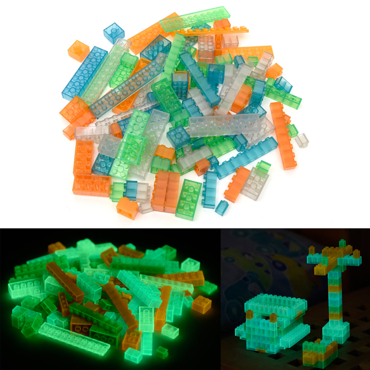 Glow in the dark building bricks in 4 colours: pile in daylight, below glowing green in the dark and as a model