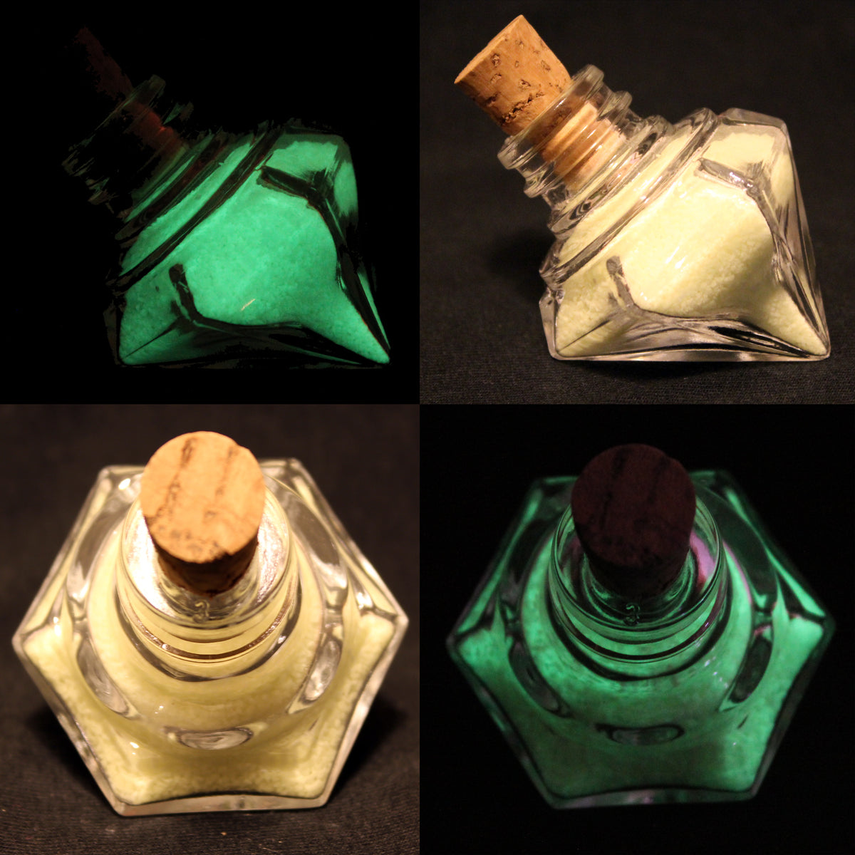 Glow granules in small glass vials with corks, yellowish white in light, glowing green in the dark