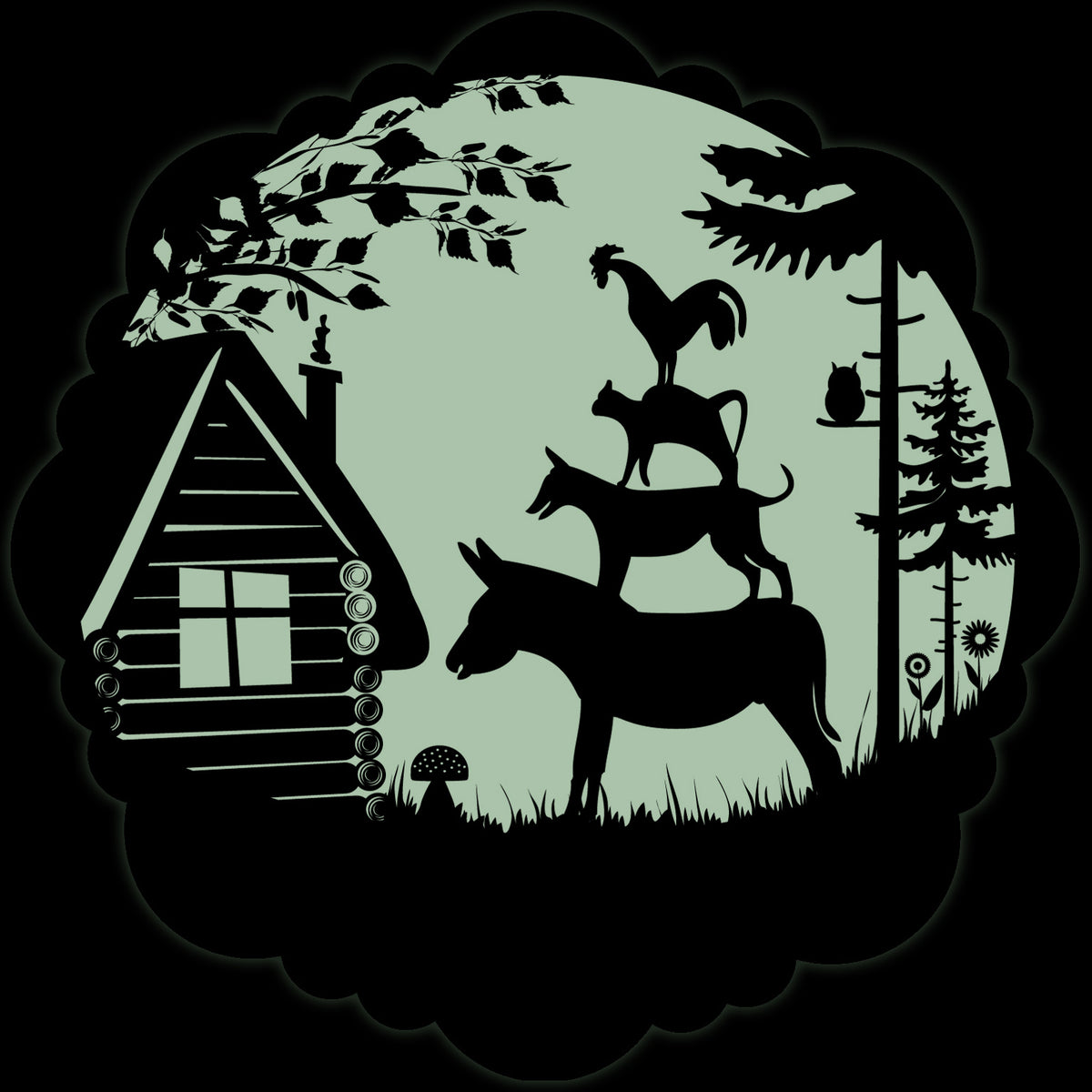 Fairy-Tale Sticker Town Musicians of Bremen 30 cm in the dark: stack of animals in front of a log cabin, greenish glowing moon