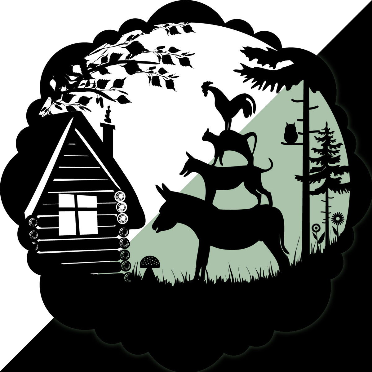 Fairy-Tale Sticker Town Musicians of Bremen 30 cm: in light on the left, glowing greenish in the dark on the right