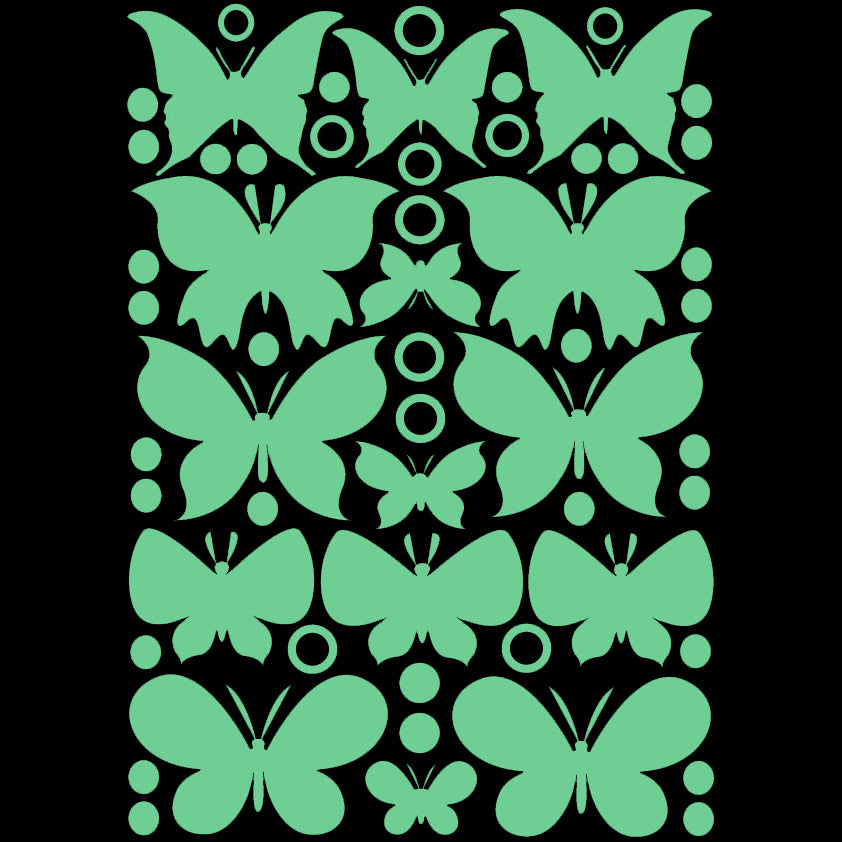 Glow in the Dark Stickers Butterflies, A4 Sheet: butterflies, rings and dots glowing green against a black background