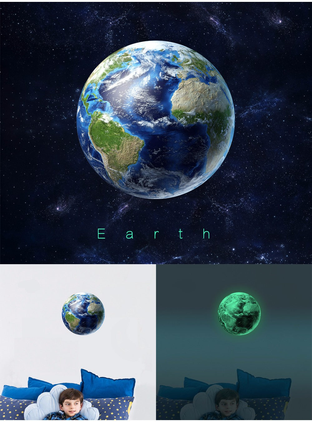 Planet Sticker Earth 30 cm above a child's bed, in light and glowing green in the dark