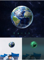Planet Sticker Earth 30 cm above a child's bed, in light and glowing green in the dark