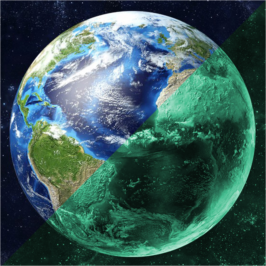 Planet Sticker Earth 30 cm: blue and green in daylight on the left, glowing green in the dark on the right
