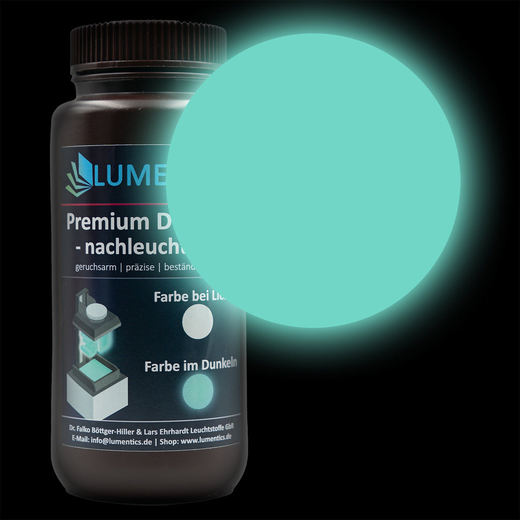 3D Printing Resin Green-Blue 500 g bottle with a large green-blue glowing colour circle in the dark
