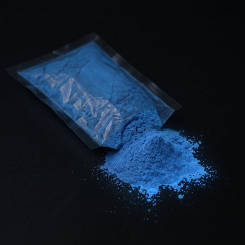 Fine Glow Pigment Blue-Blue 5–15 µm, 100 g in the dark, glowing blue