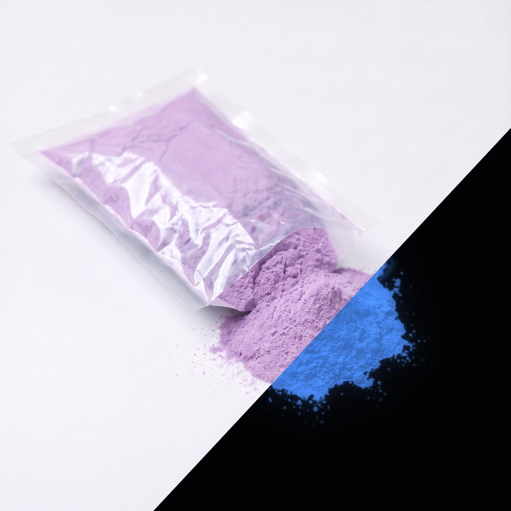 Fine glow pigment Purple-Blue 100 g: cut-open bag and a small heap of fine powder, purple by day, glowing blue in the dark (lower right)