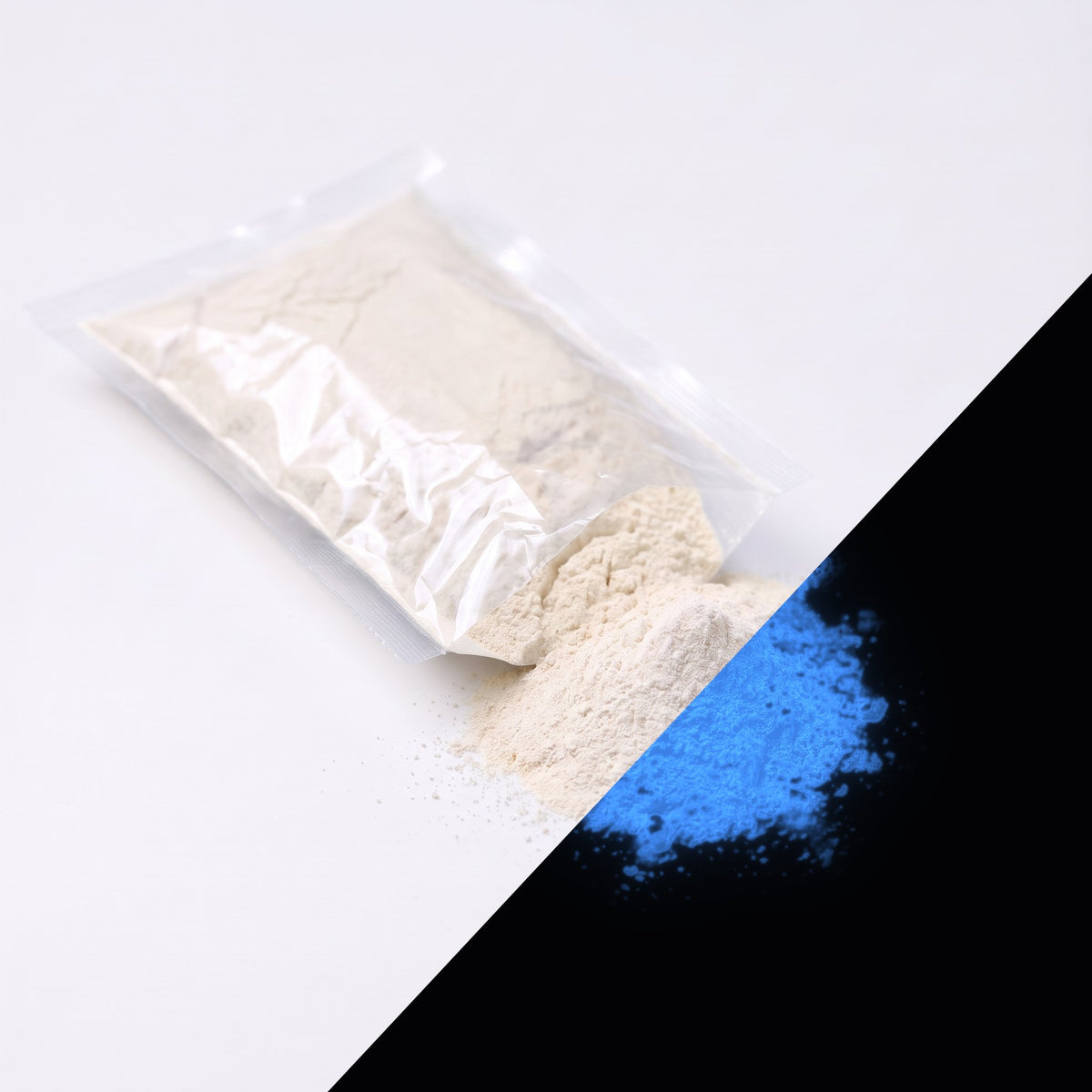 Fine glow pigment Natural Blue 100 g: cut-open bag and a small heap of fine powder, whitish by day, glowing blue in the dark (lower right)
