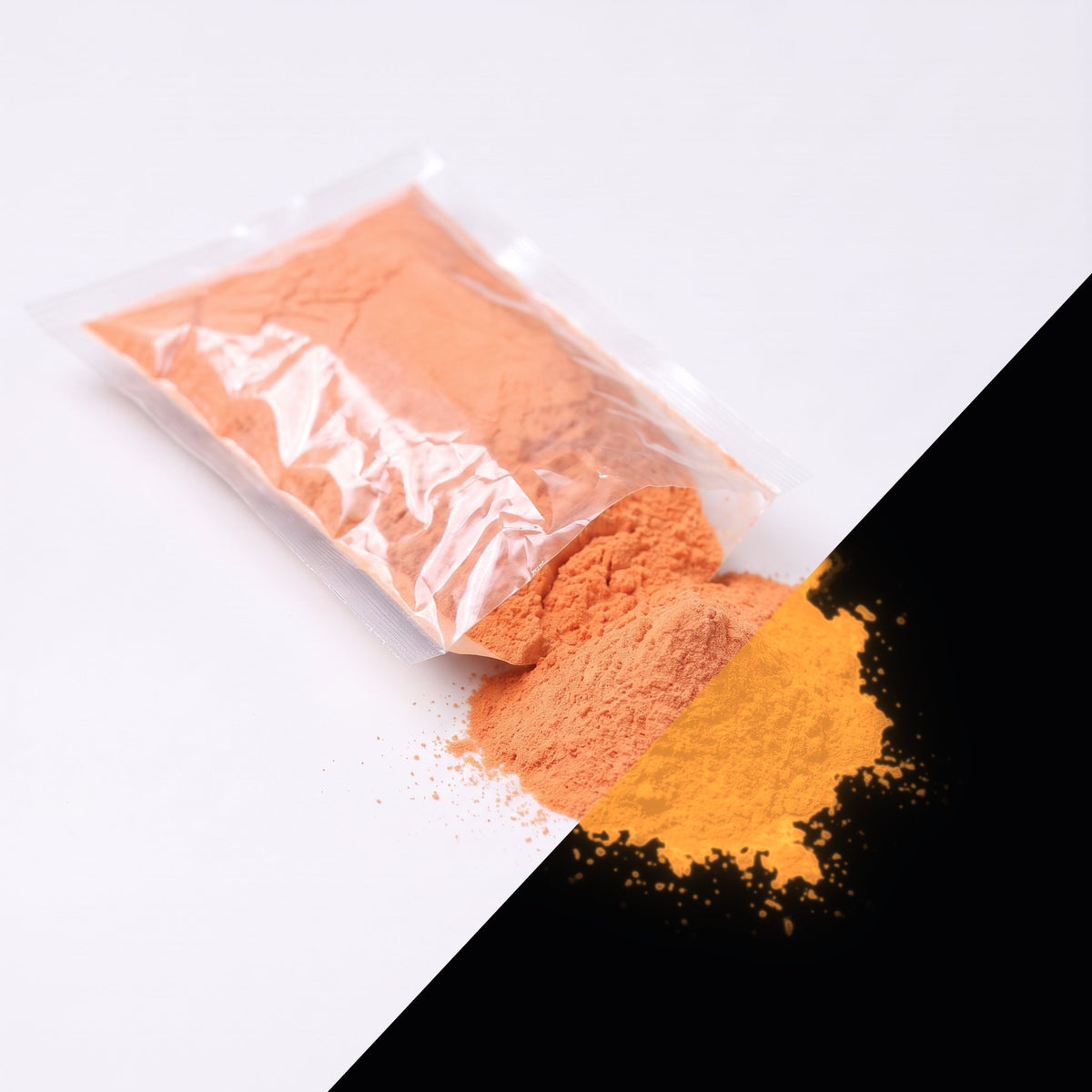 Fine glow pigment Orange-Orange 100 g: cut-open bag and a small heap of fine powder, orange by day, glowing orange in the dark (lower right)