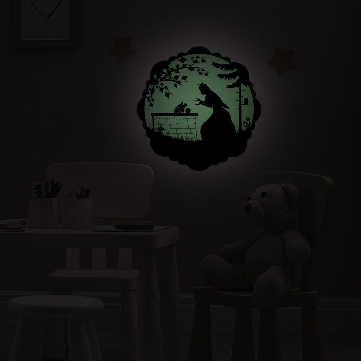 Fairy-Tale Sticker The Frog Prince 30 cm on the wall of a darkened children's room, glowing greenish