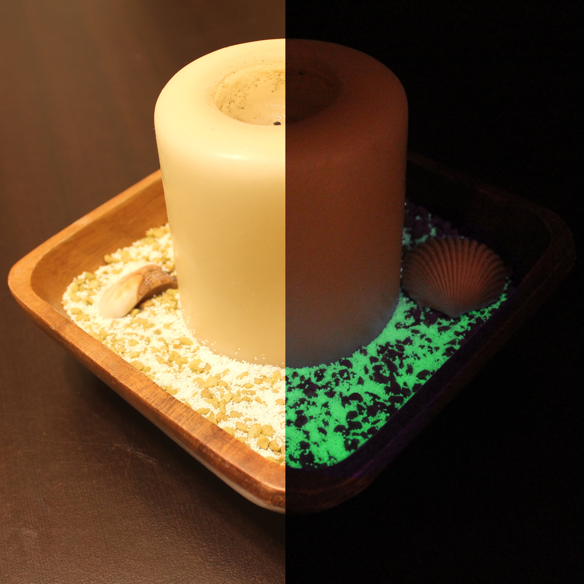 Glow granules as decoration around a candle in a wooden dish, daylight on the left, glowing green in the dark on the right