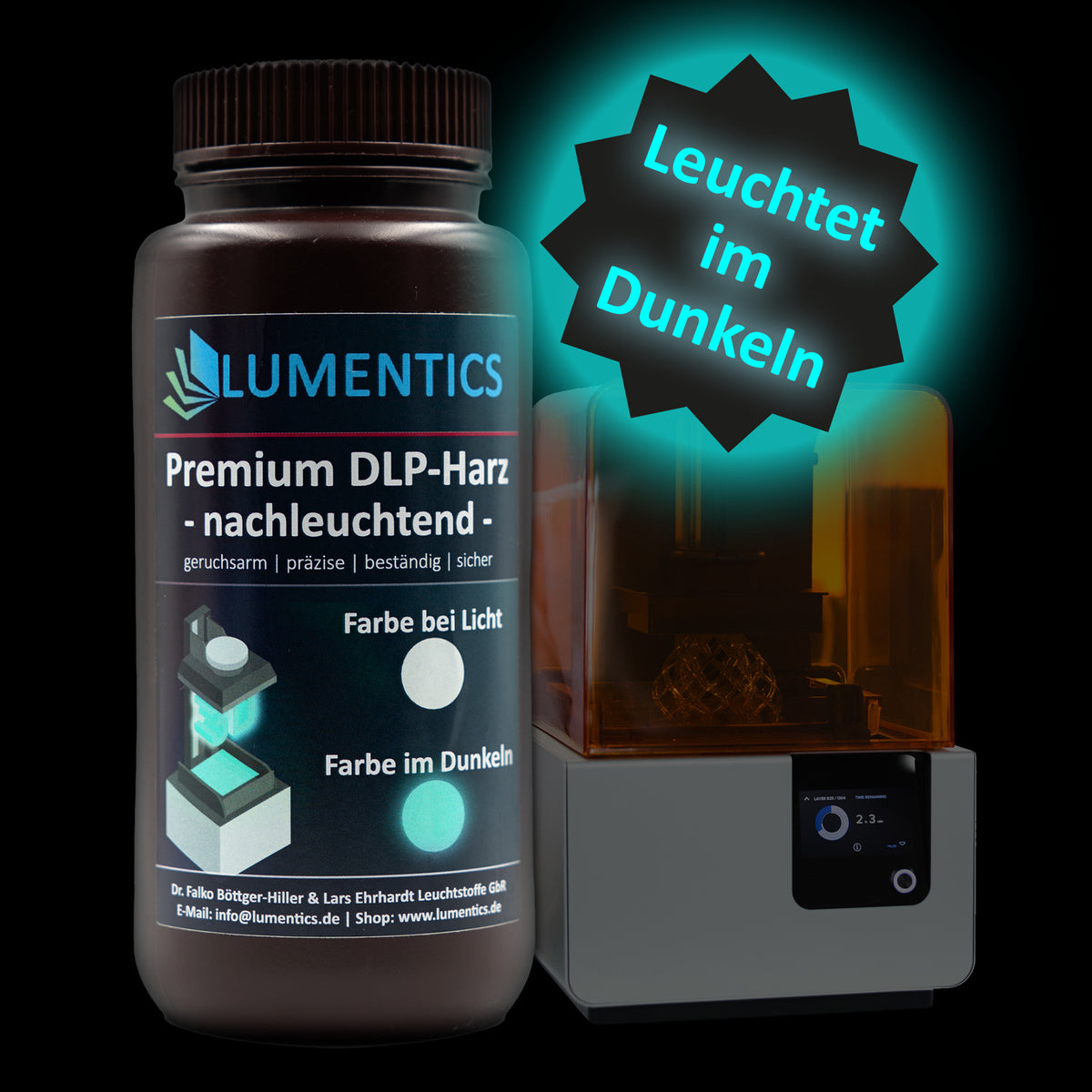 3D Printing Resin Green-Blue 500 g on black beside a resin printer, with a banner about glowing in the dark