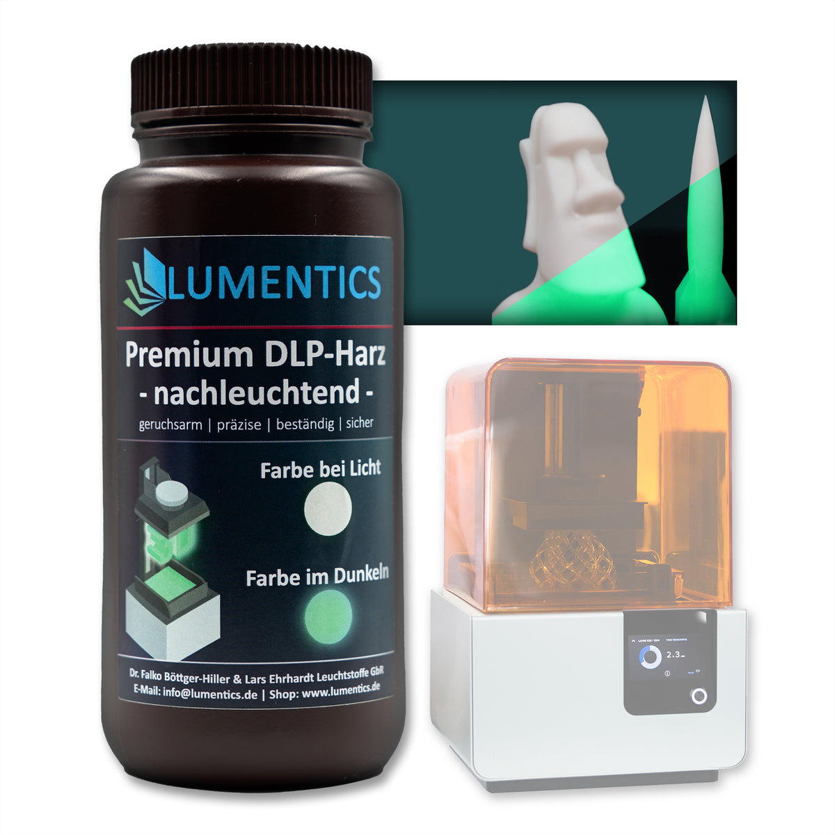 3D Printing Resin Green 500 g: bottle next to a resin printer, printed objects in light and glowing in the dark