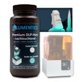 3D Printing Resin Green-Blue 500 g with a resin printer; printed figures white in daylight, glowing green-blue in the dark