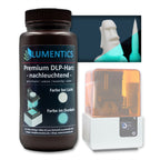 3D Printing Resin Green-Blue 500 g with a resin printer; printed figures white in daylight, glowing green-blue in the dark
