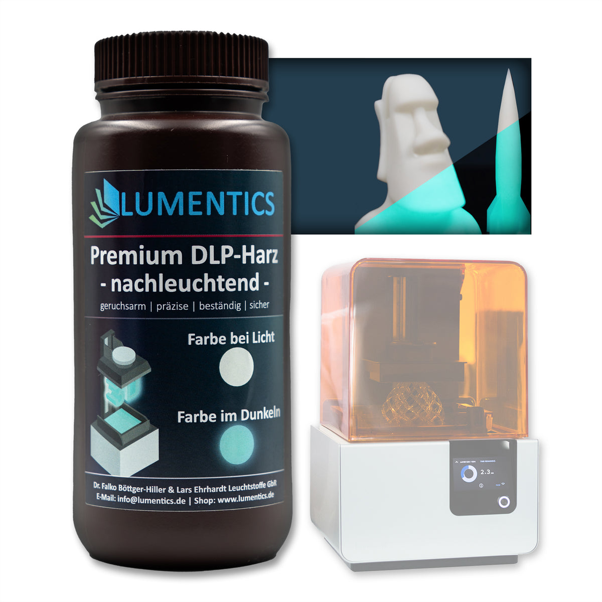 3D Printing Resin Green-Blue 500 g with a resin printer; printed figures white in daylight, glowing green-blue in the dark