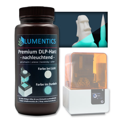 3D Printing Resin Green-Blue 500 g with a resin printer; printed figures white in daylight, glowing green-blue in the dark