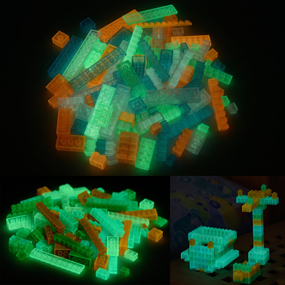 Glow in the Dark Building Bricks, 104 Pieces in 4 Colours in the dark, glowing green