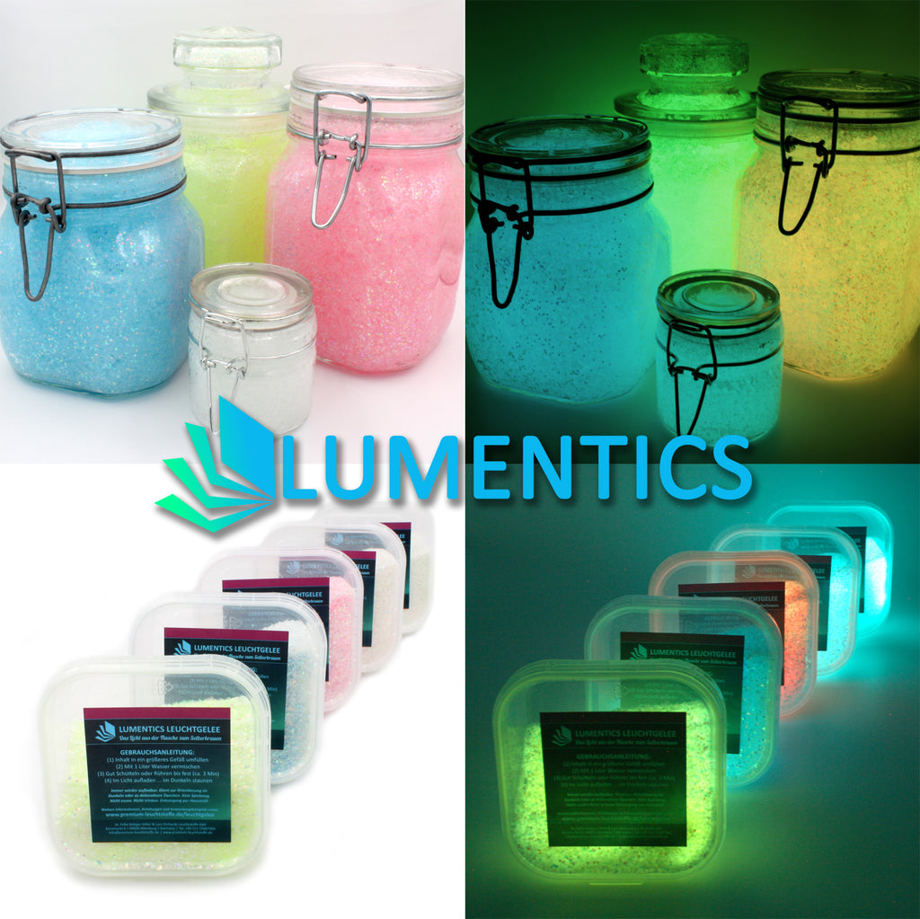 Glow Jelly with Glitter: jars and tubs in blue, yellow, pink and white, in daylight and glowing in the dark