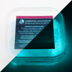 Glow Jelly with Glitter Blue/Blue-Green 45 g: tub with label, right half glowing blue-green in the dark