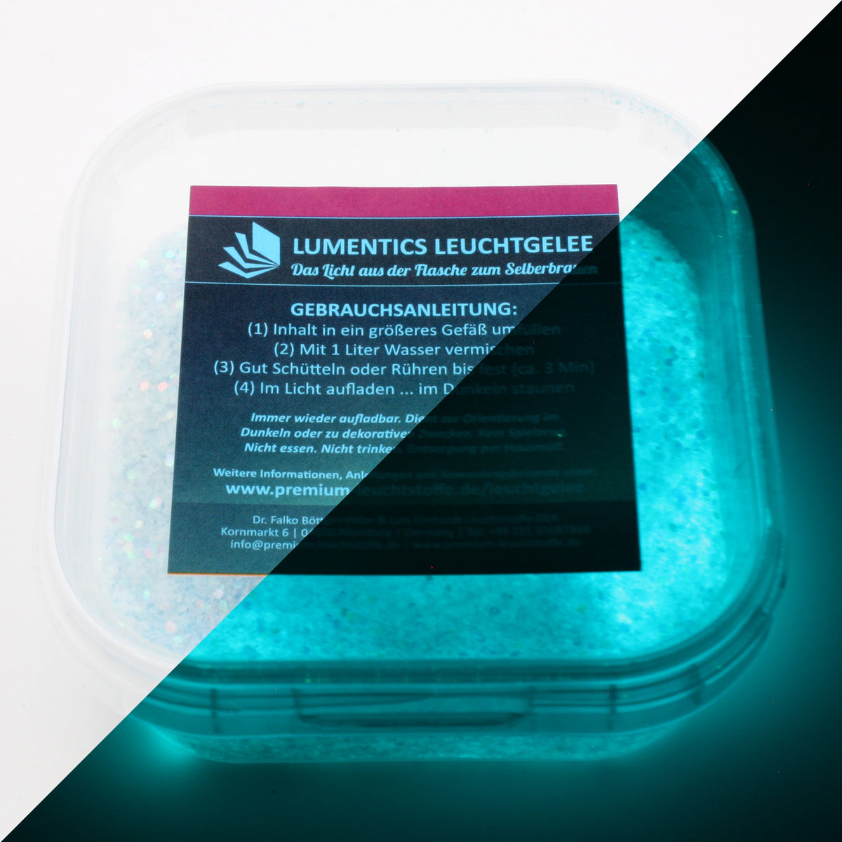 Glow Jelly with Glitter Blue/Blue-Green 45 g: tub with label, right half glowing blue-green in the dark