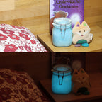 Glow jelly with glitter in a jar on a bedside table, light blue in daylight above, glowing in the dark below