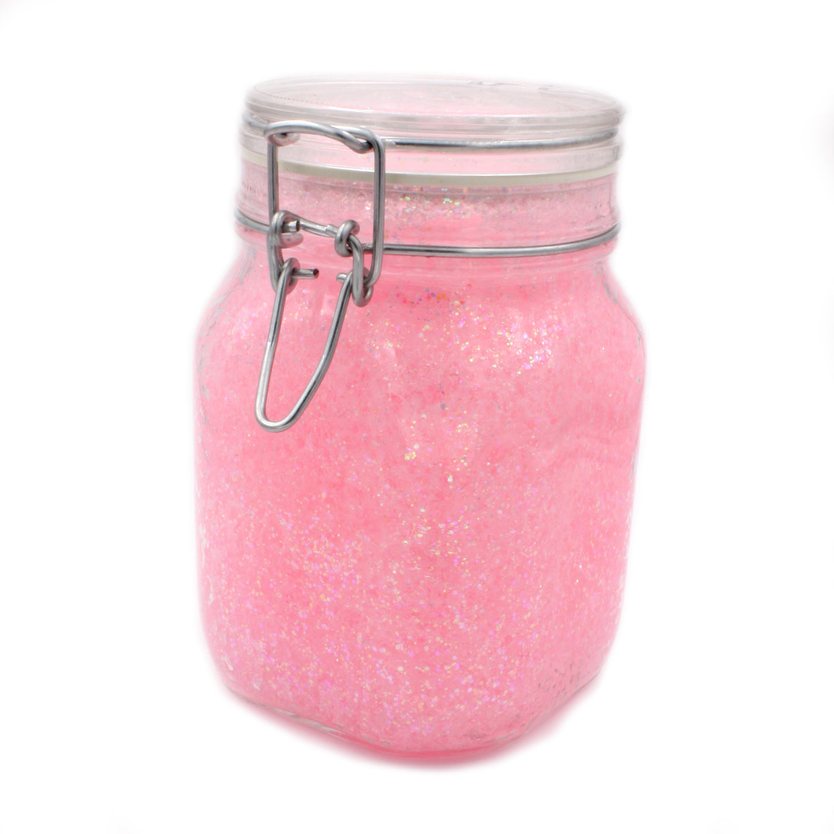 Glow Jelly with Glitter Pink/Yellow-Green: pink glow gel with glitter in a swing-top jar in daylight