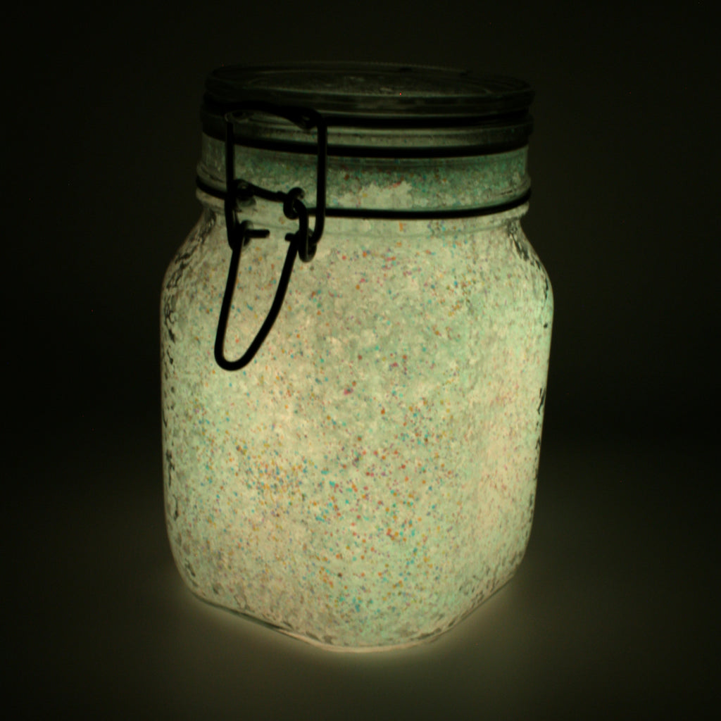 Glow Jelly with Glitter Pink/Yellow-Green: swing-top jar with gel in the dark, glowing greenish