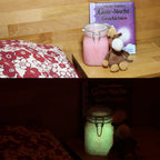Glow Jelly with Glitter Pink/Yellow-Green: jar on a bedside table, pink in light above, glowing green in the dark below