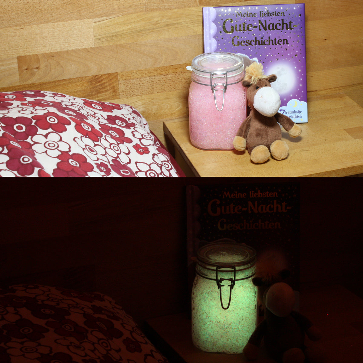 Glow Jelly with Glitter Pink/Yellow-Green: jar on a bedside table, pink in light above, glowing green in the dark below